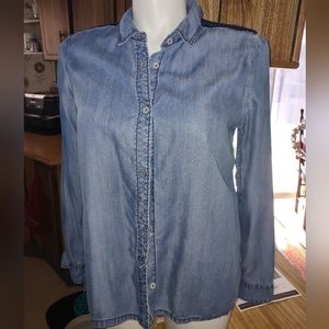 ANTHROPOLOGIE embroider TOP BY HOLDING HORSES TENCEL DENIM LOOK SIZE Large 10/12